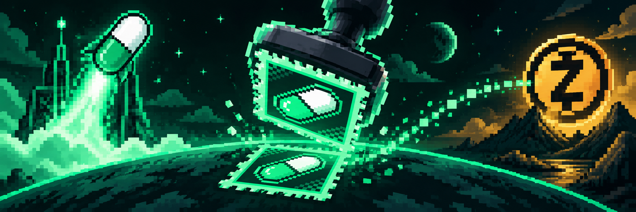 Pixel-art sequence: a pump capsule launches, a stamp press marks the token, and a gold Zcash mark waits on the horizon