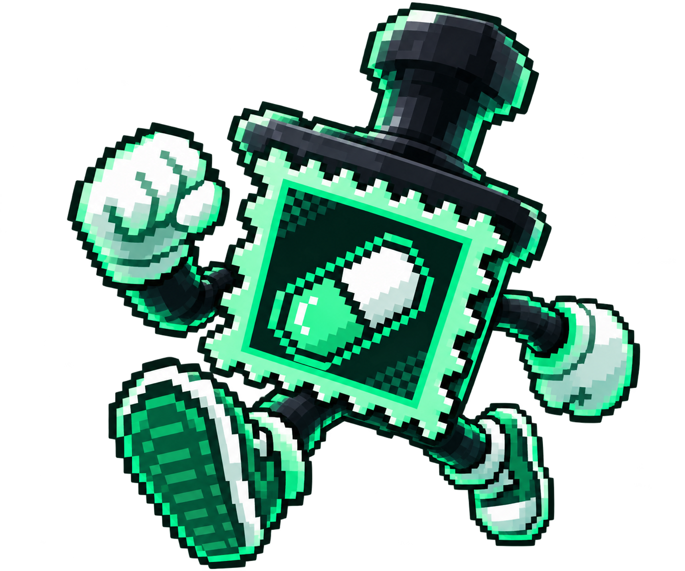 StampPump mascot: a walking postage-stamp character with a pump capsule on its face